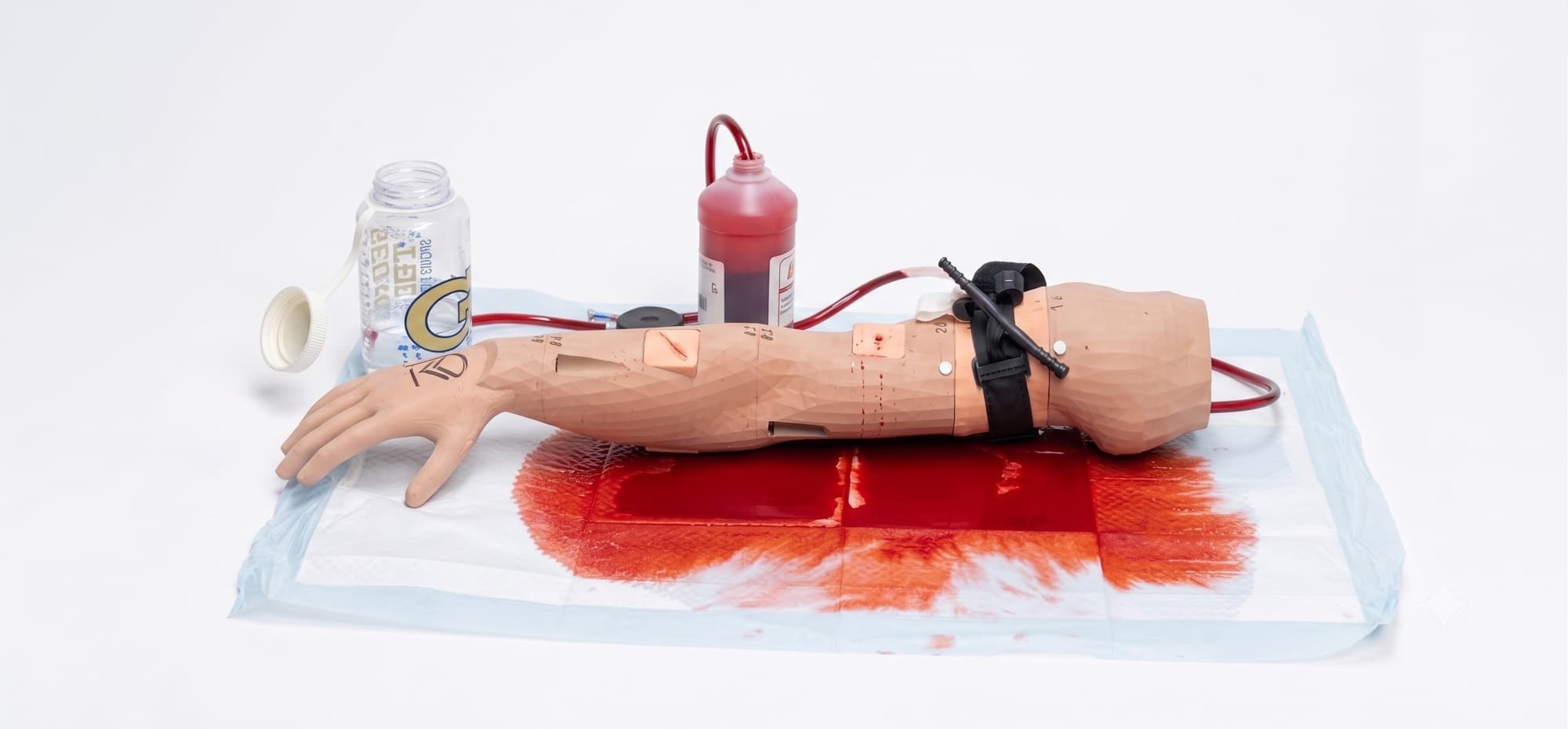 Arm trainer with a tourniquet applied, blood pad beneath, pump and blood bottle behind