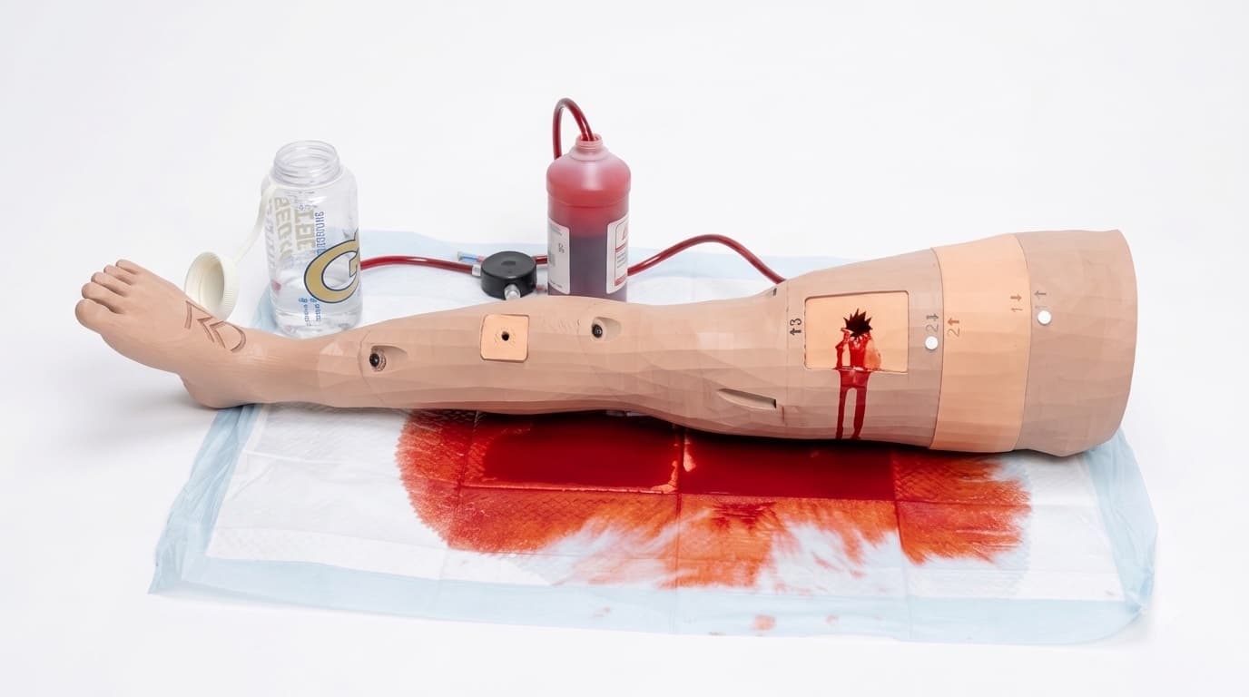 Leg trainer with an open wound block bleeding onto the pad, pump and blood bottle behind